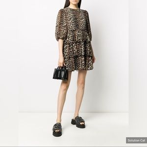 GANNI Pleated Georgette Dress in Leopard Size 34